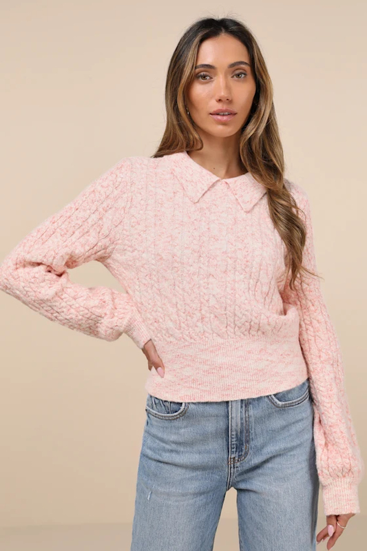 Mandi Coral Pink and White Cable Knit Sweater